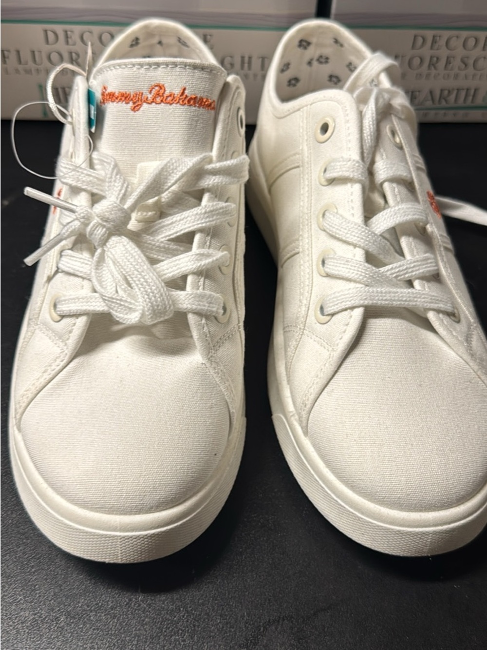 Skechers  White Canvas Lace-Up Sneakers with Orange Accent